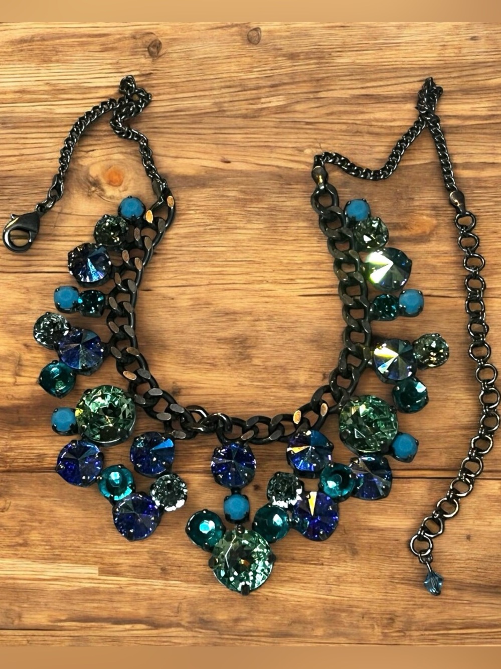 Statement Crystal Bib Silver Tone Necklace - Blue Green Multi
